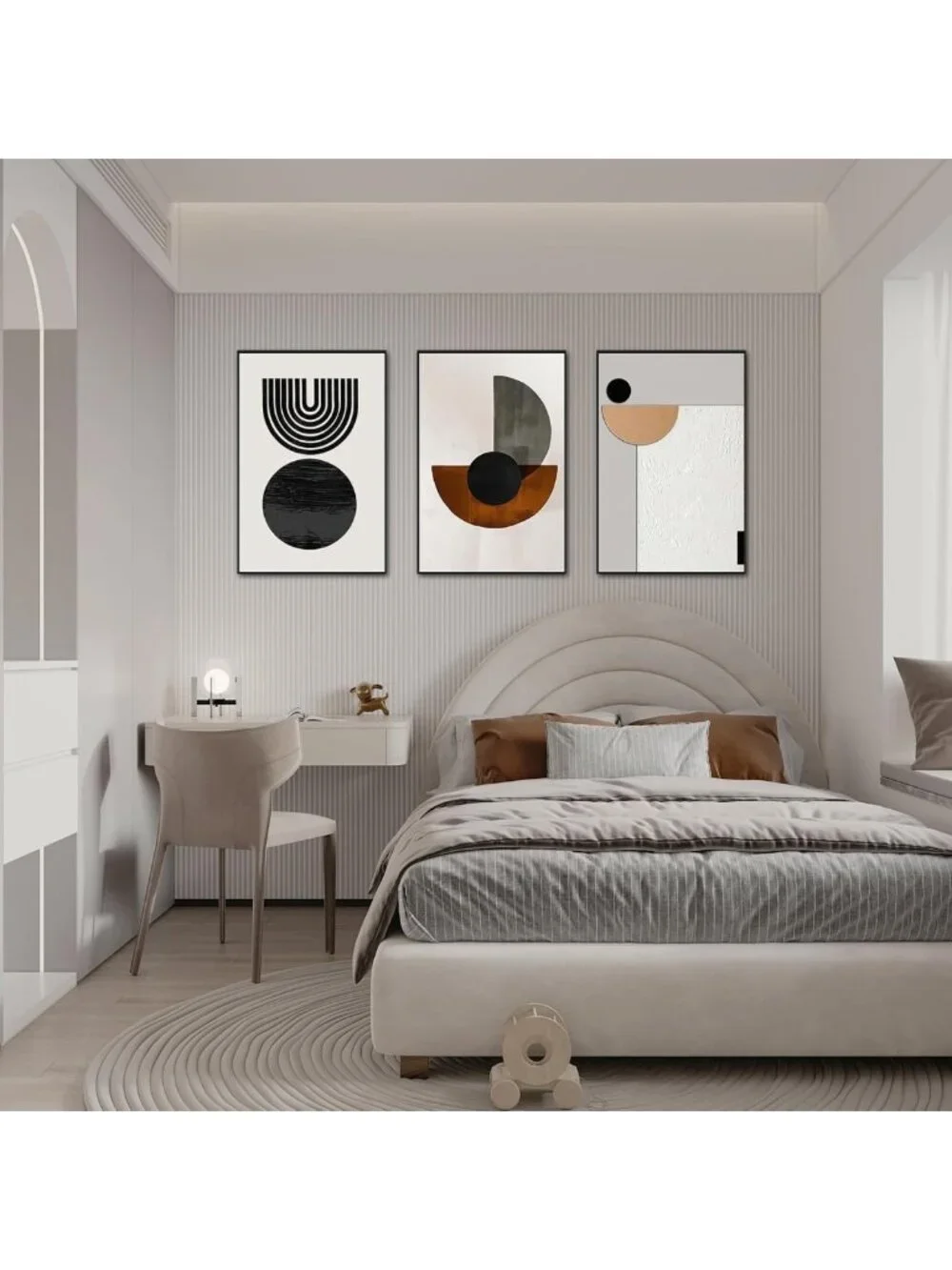 Set of 3 Geometric Arch Abstract Canvas Wall Art - Black & Brown Decor